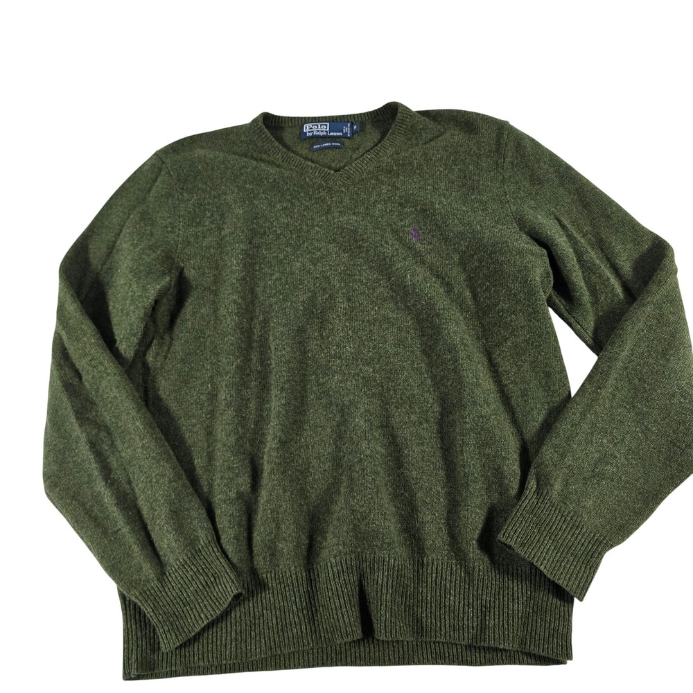 Polo Ralph Lauren Mens Olive Green 100% Lambswool V-Neck Sweater Size M